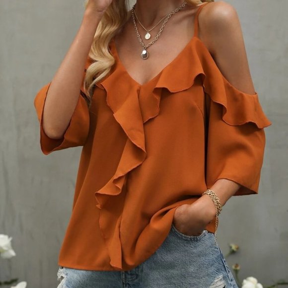 Boho burnt orange Ruffle Detail Cold Shoulder Blouse - Picture 5 of 7